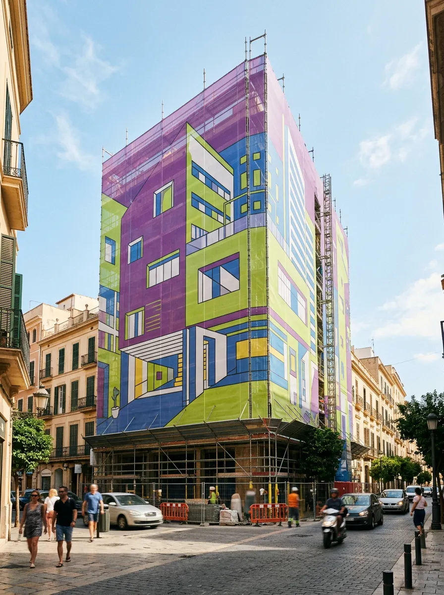 Large mesh print covering scaffolding on a building